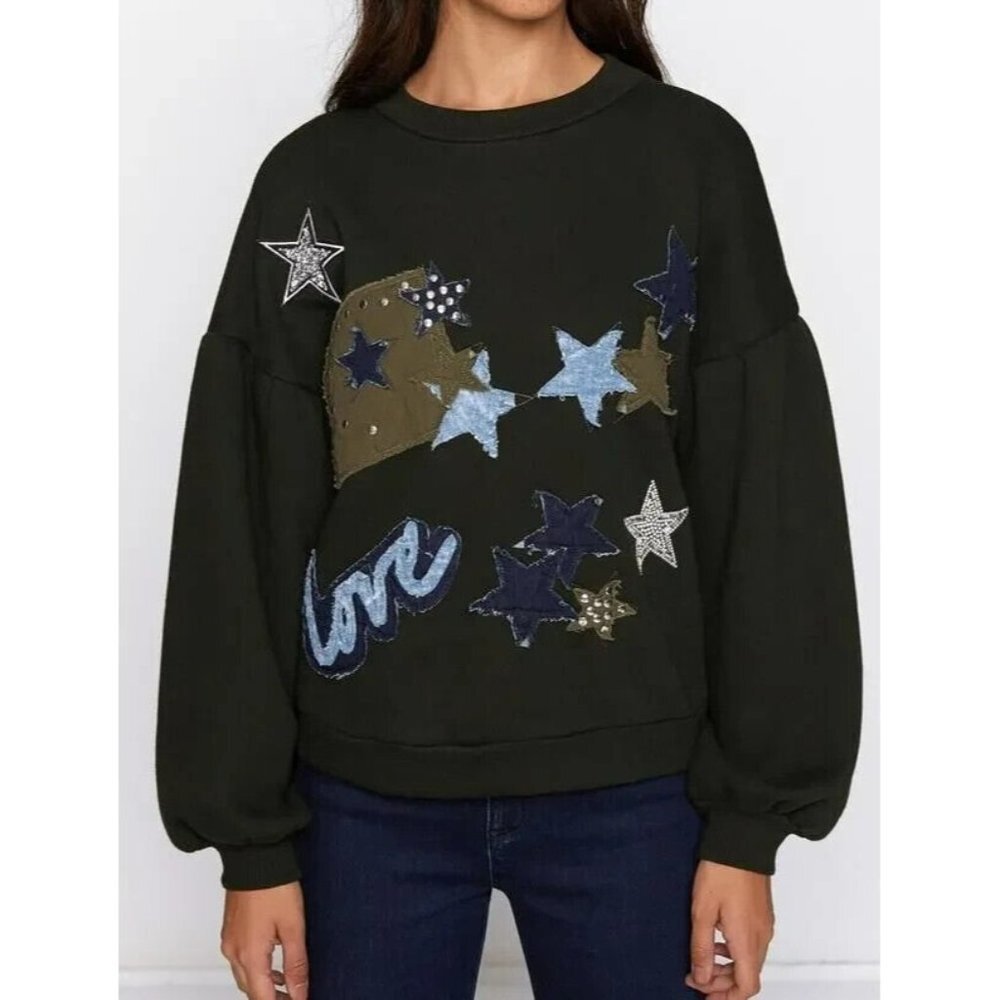 Koton Womens Fahriye Evcen For Koton Jean Sweatshirt Embroidered Beads Sz Small